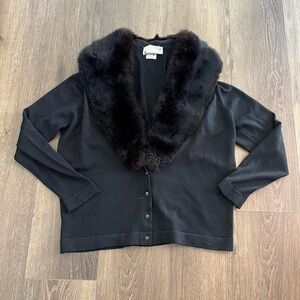 Vintage Black wool cardigan with fur collar